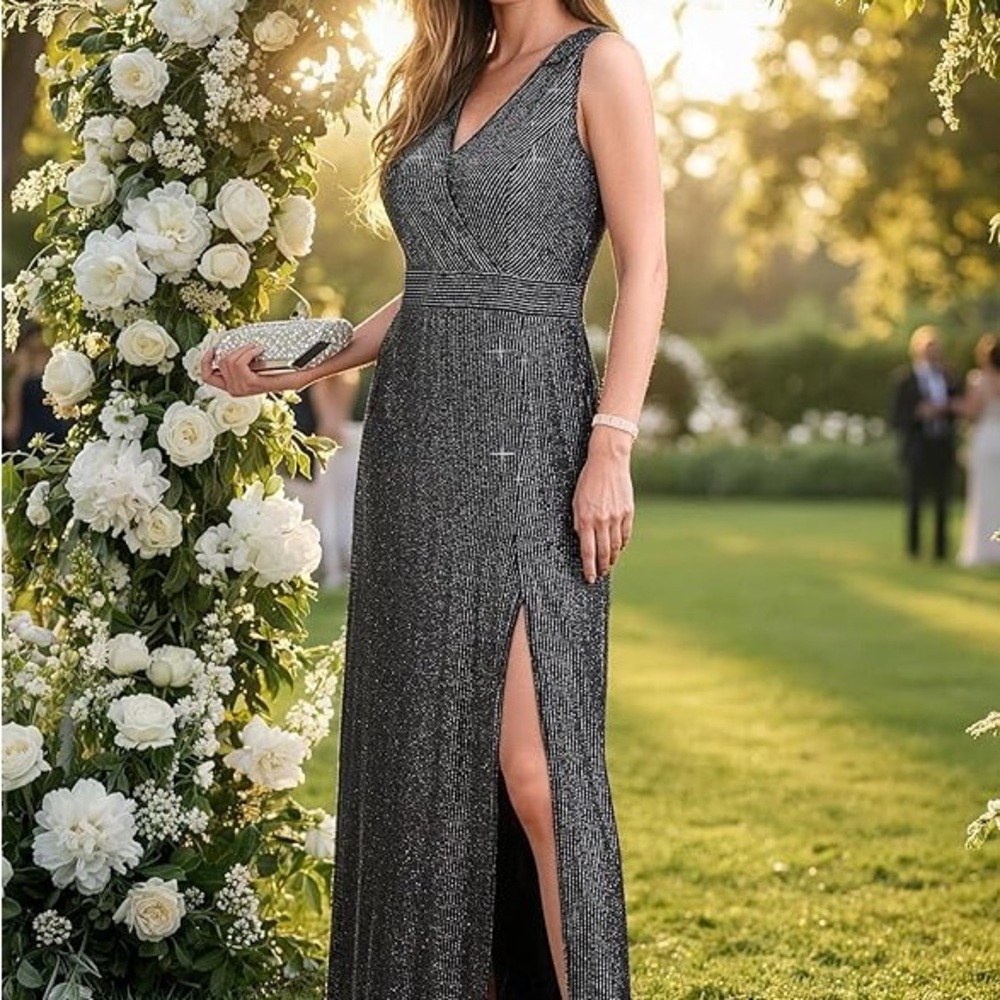 Sleeveless Formal Black and Silver Shimmer Dress Prom, Wedding, Formal NWT Large
